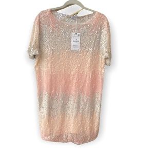NWT - Zara Pink + Grey Sheer Sequin Shift Dress with Slip